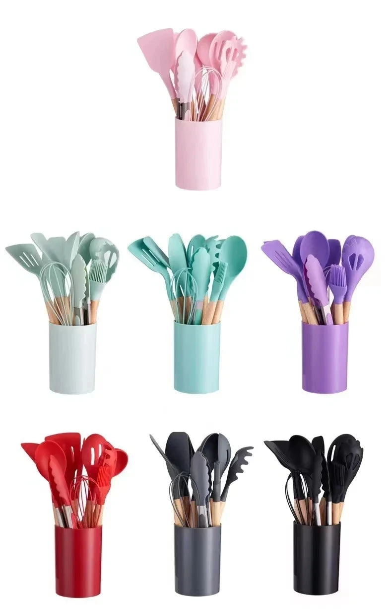 12Pcs Silicone Cooking Utensils Set – Wooden Handle, Non-Stick Kitchen Tools