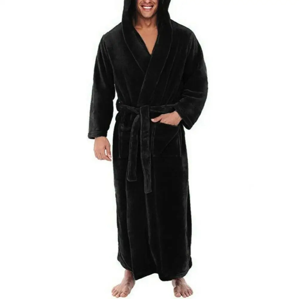 Solid Color Soft Men Shower Robe Coral Fleece Pockets Long Bath Robe Home Gown Sleepwear Bathrobe Pajama Man