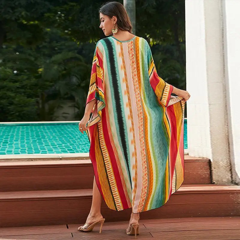 Colorful Vertical Striped Bo Printed Beach Dress Bikini Cover Up Loose V Neck Knit Robe Holiday Vocation Beach Cover Ups