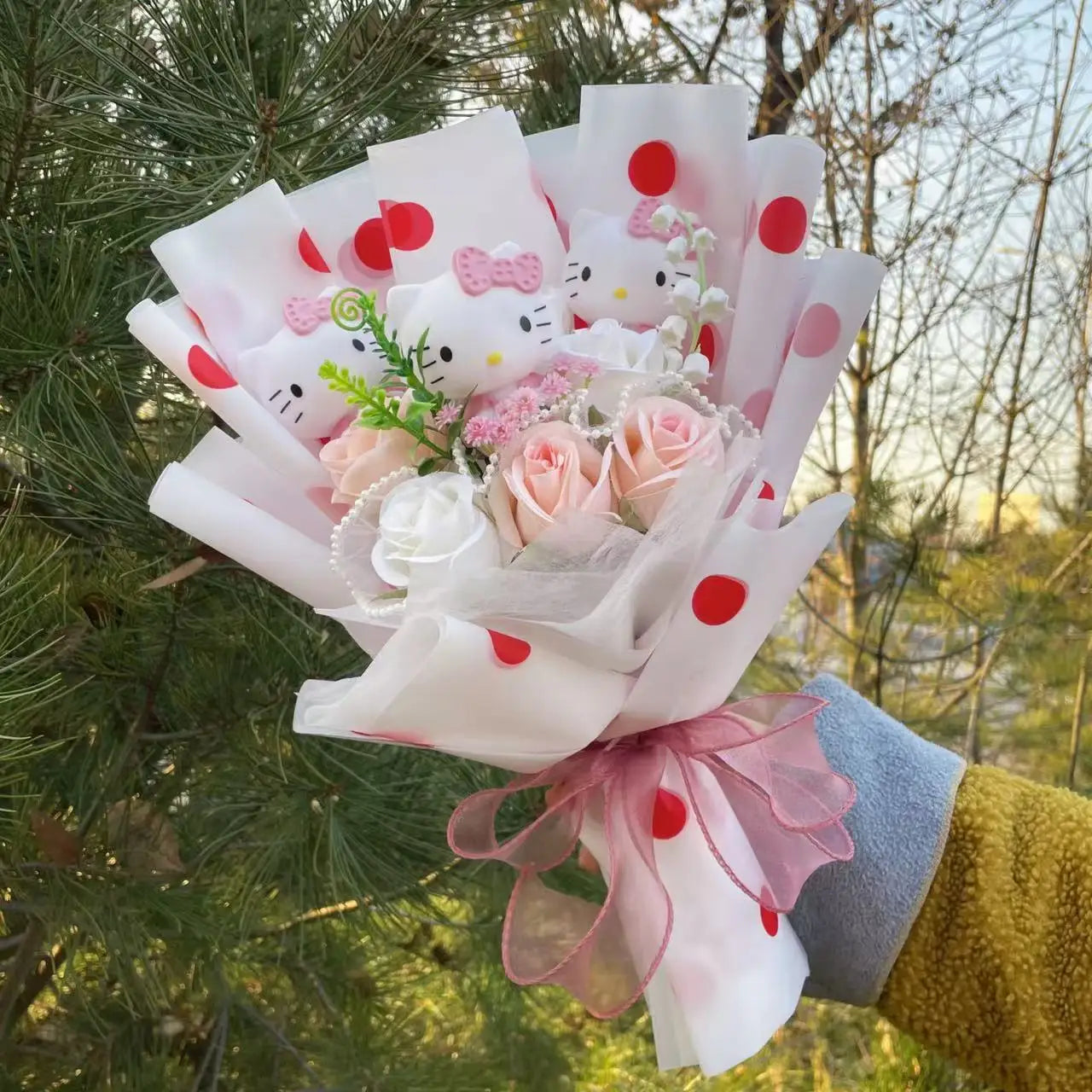 Kawaii Hello Kitty Doll with Artificial Flowers | Sanrio Bouquet Gift