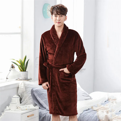 Thickened Flannel Men Robe Sleepwear Autumn Winter Warm Coral Fleece Bathrobe Gown Nightwear Loose Casual Home Wear Loungewear