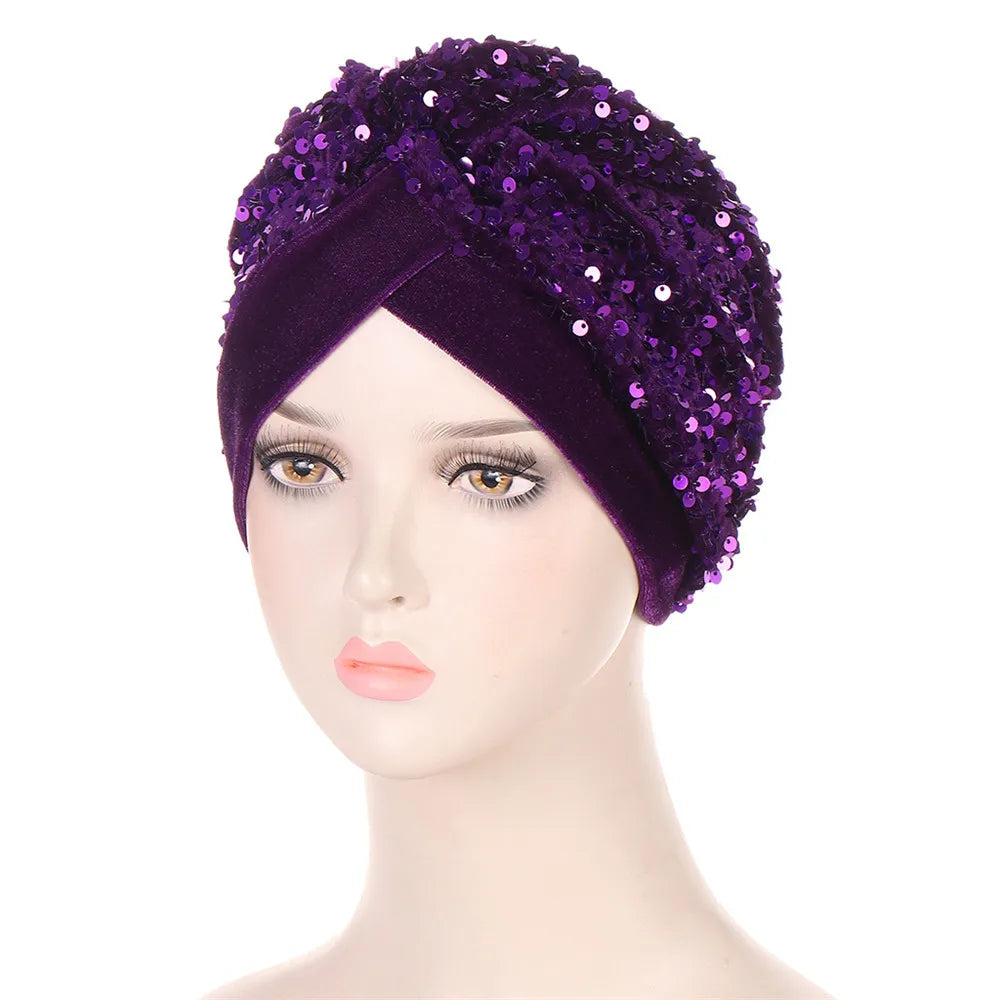 Women Glitter Sequins Turban Hat Fashion Bonnet Twist Solid Color Hijab Chemo Cap Head Wraps Elegant Headscarf Stretchy Headband