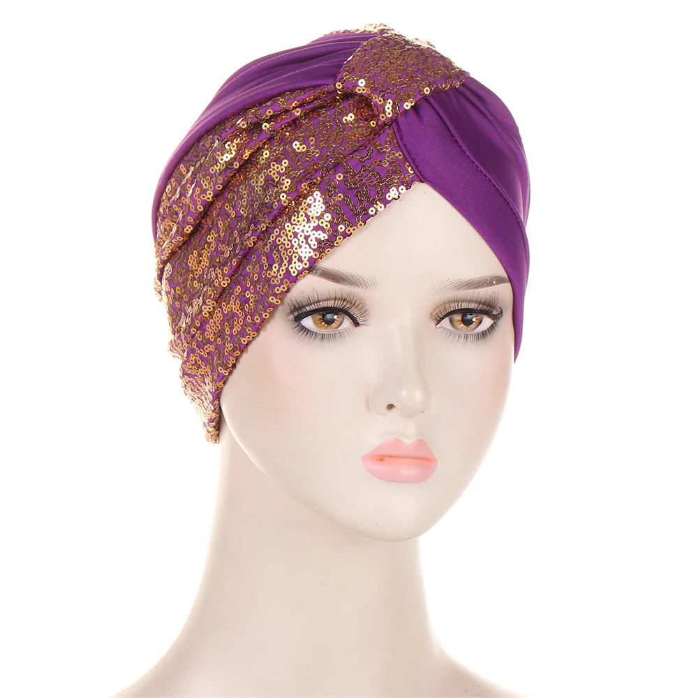 Women Glitter Sequins Turban Hat Fashion Bonnet Twist Solid Color Hijab Chemo Cap Head Wraps Elegant Headscarf Stretchy Headband