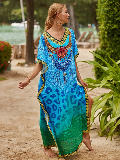 Women's Long Caftans Print Bathing Suit Cover Up Casual Beach Maxi Dress Abaya Beach Outfits Boho Clothes