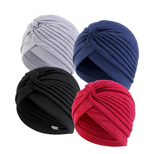 4PCS/LOT Women Stretchy Twist Turban Caps Knot Muslim Hijab Indian Hat Head Scarf Chemo Beanies Hats Bandanas Elastic Headband