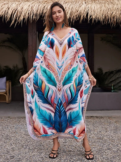 EDOLYNSA Bohemian Green Striped Women Beach Dress Robe Kaftan Relaxed Bathing Suit Cover Up Vacation Moo Moo Dress Outfit Q1638