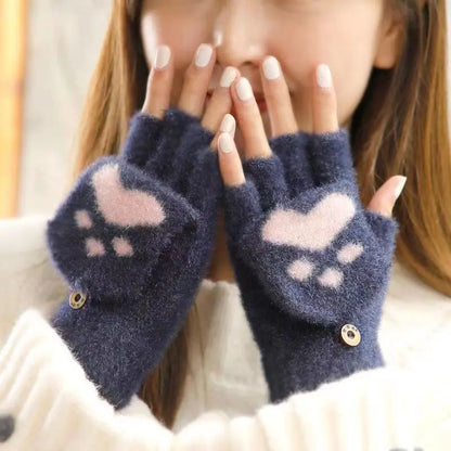 Thickened Women’s Cat Claw Paw Plush Fingerless Winter Gloves