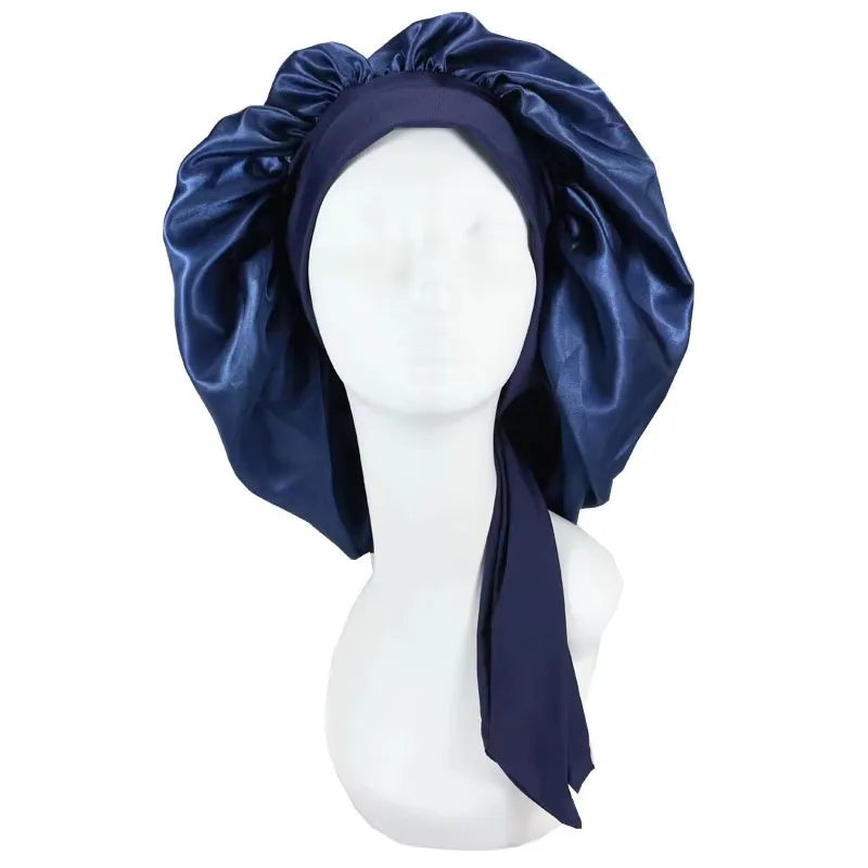 New Satin Solid Sleeping Hat With Stretchy Tie Band Elastic For Women Night Shower Cap Adjustable Hair Head Cover Bonnet Turban