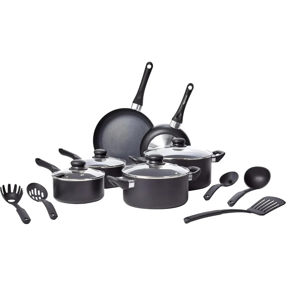 Non-stick cookware 15-piece set, pots, pans and cutlery, aluminum and glass lid, non-stick coating for easy cooking and cleaning