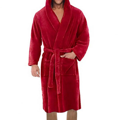 Belt Flannel Bath Robe for Men Hooded Pockets Warm Men Nightgown Men Plush Bathrobe Sleepwear Home Clothes Loose Pajamas Robe