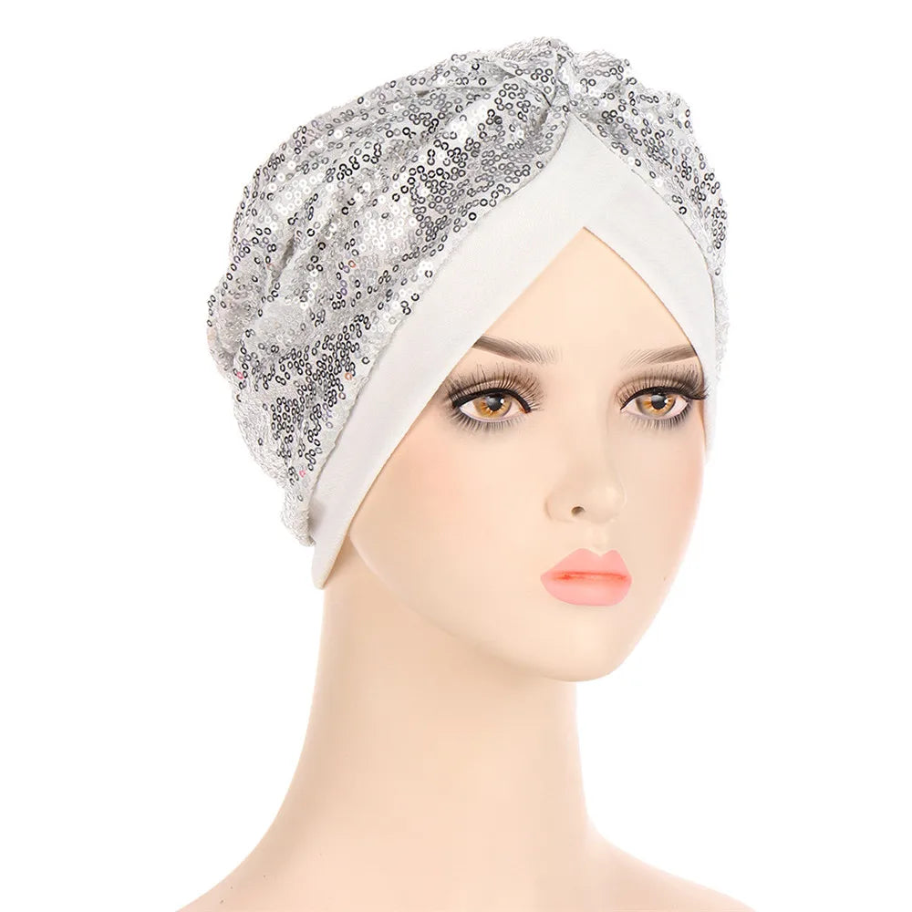 Women Glitter Sequins Turban Hat Fashion Bonnet Twist Solid Color Hijab Chemo Cap Head Wraps Elegant Headscarf Stretchy Headband