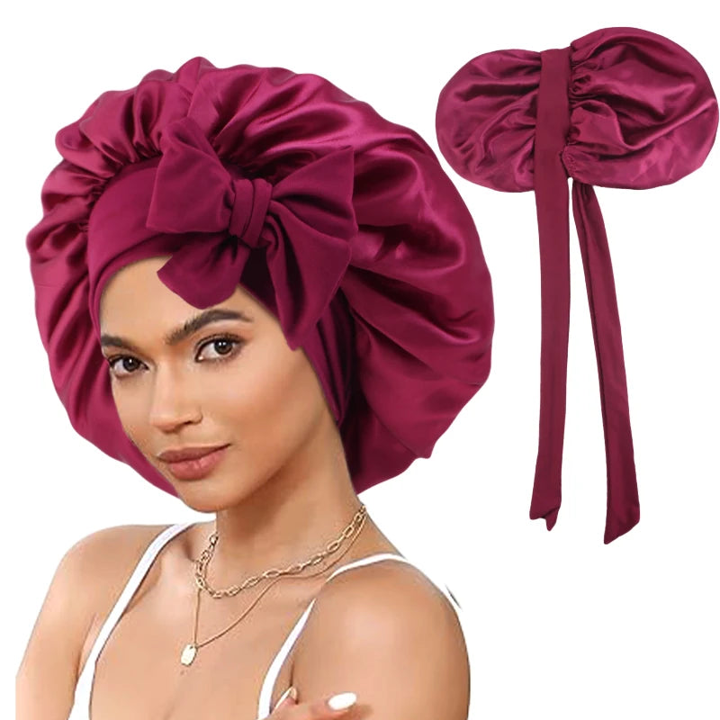 Fashion Satin Solid Color Sleeping Hat Stretchy With Tie Band Night Shower Cap Women Ladies Hair Head Cover Bonnet Turban