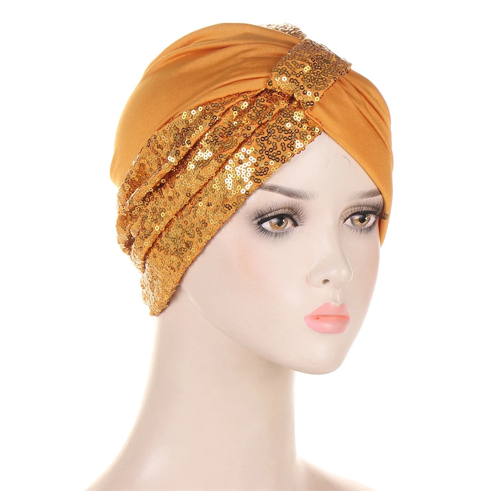 Women Glitter Sequins Turban Hat Fashion Bonnet Twist Solid Color Hijab Chemo Cap Head Wraps Elegant Headscarf Stretchy Headband