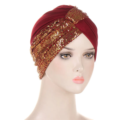 Women Glitter Sequins Turban Hat Fashion Bonnet Twist Solid Color Hijab Chemo Cap Head Wraps Elegant Headscarf Stretchy Headband