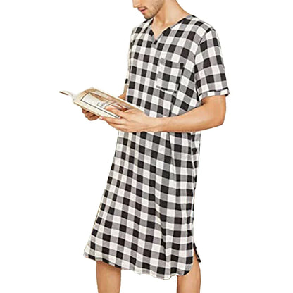 Mens Lattice Short Sleeve V Neckline Nightgown Nightwear Plaid Printed Shirt Nightshirt Casual Loose Sleepwear Home Wear