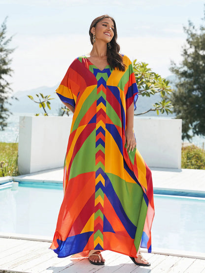 2024 Bohemian Chic Printed Batwing Sleeve V Neck Side Split Maxi Dress Women Summer Clothing Beach Wear Swim Suit Cover Up Q1594