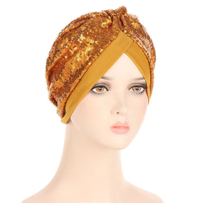 Women Glitter Sequins Turban Hat Fashion Bonnet Twist Solid Color Hijab Chemo Cap Head Wraps Elegant Headscarf Stretchy Headband