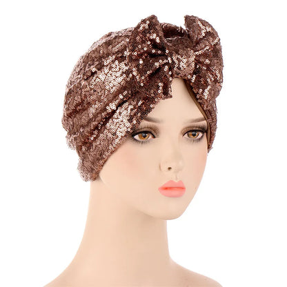 Women Glitter Sequins Turban Hat Fashion Bonnet Twist Solid Color Hijab Chemo Cap Head Wraps Elegant Headscarf Stretchy Headband