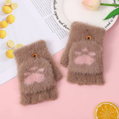 Thickened Women’s Warm Cat Claw Paw Plush Fingerless Winter Gloves