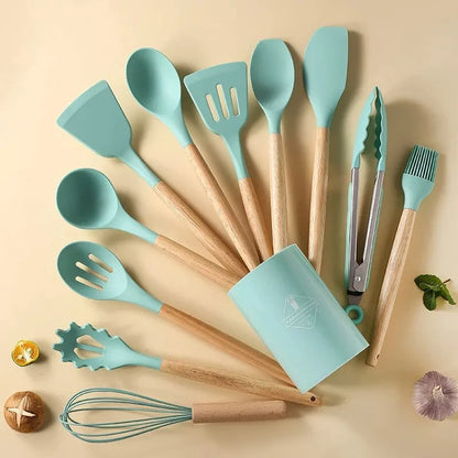 12-Piece Silicone Kitchen Utensil Set with Wooden Handles – Non-Stick Cookware Tools